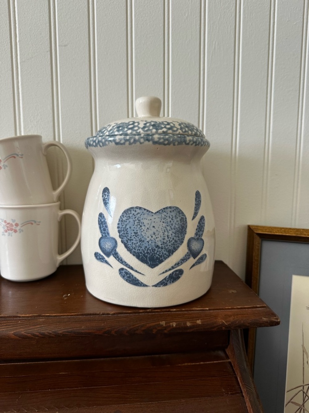 Decorative Blue Heart Ceramic Canister - White and Blue